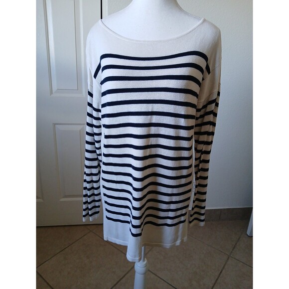 CHAPS CLASSICS Women's Top 3/4 Sleeve Navy White Striped Pullover Sweater Medium - Picture 2 of 16